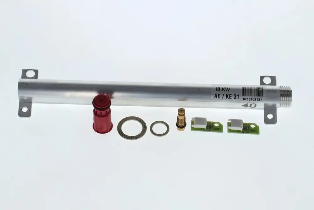 Aluminiumrohr mit Zubehörteilen, darunter eine rote Kappe, Dichtungen und elektronische Komponenten, zur Verwendung in Bosch-Systemen.